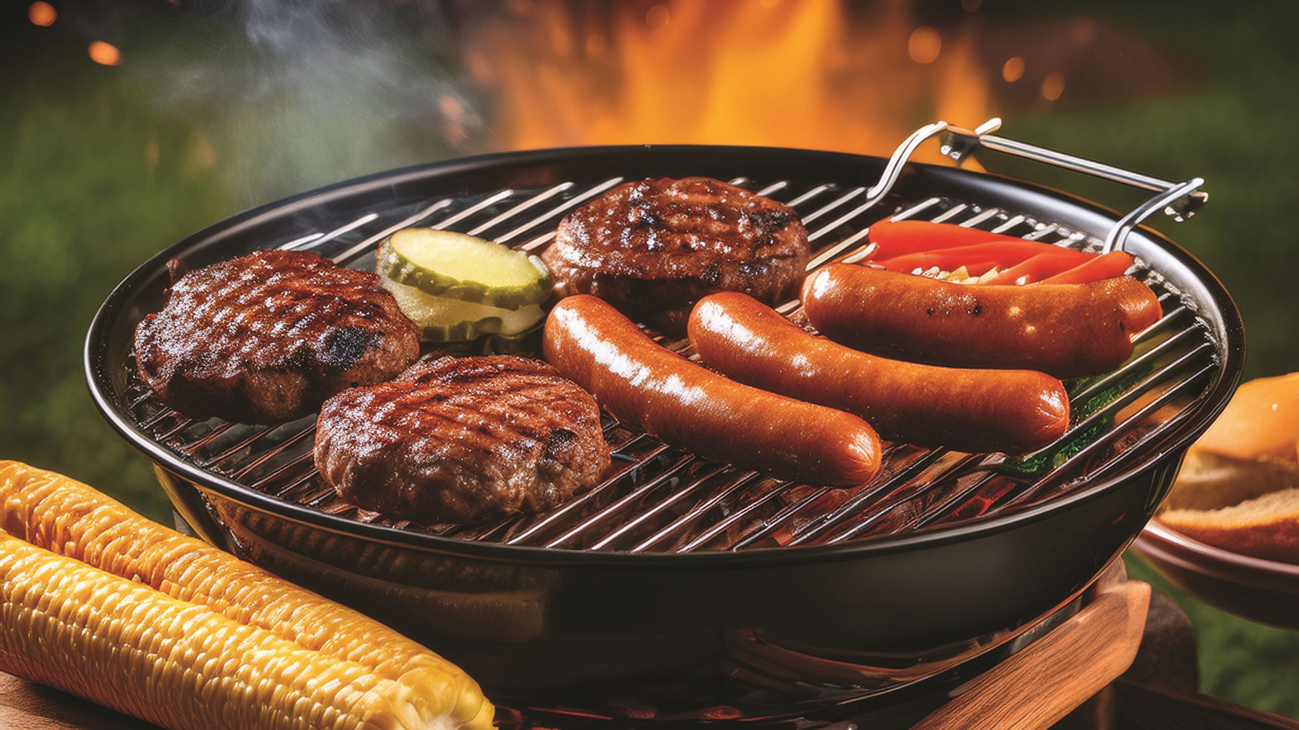 hamburgers and hotdogs on the grill