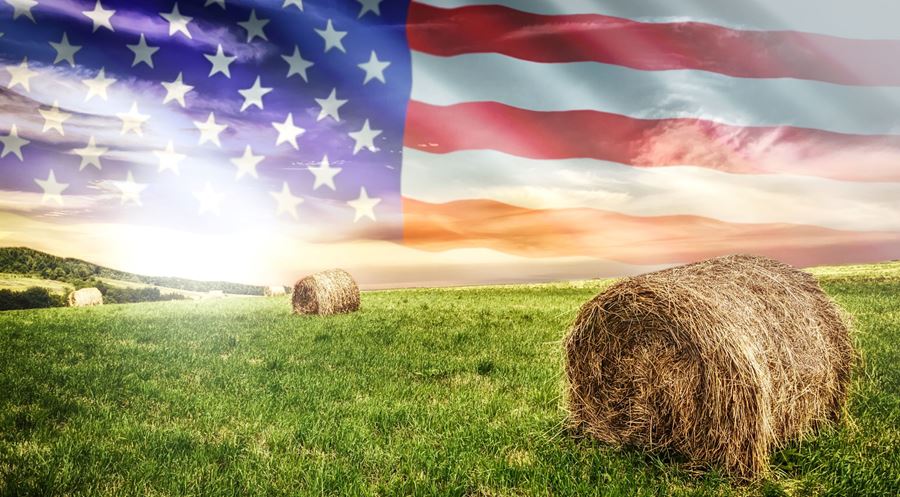 digital American flag in the sky over hay bales and green grass