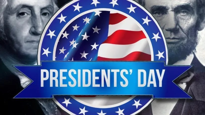 Image of George Washington and Abraham Lincoln behind a President's Day graphic featuring the US Flas and a double circle board with stars.