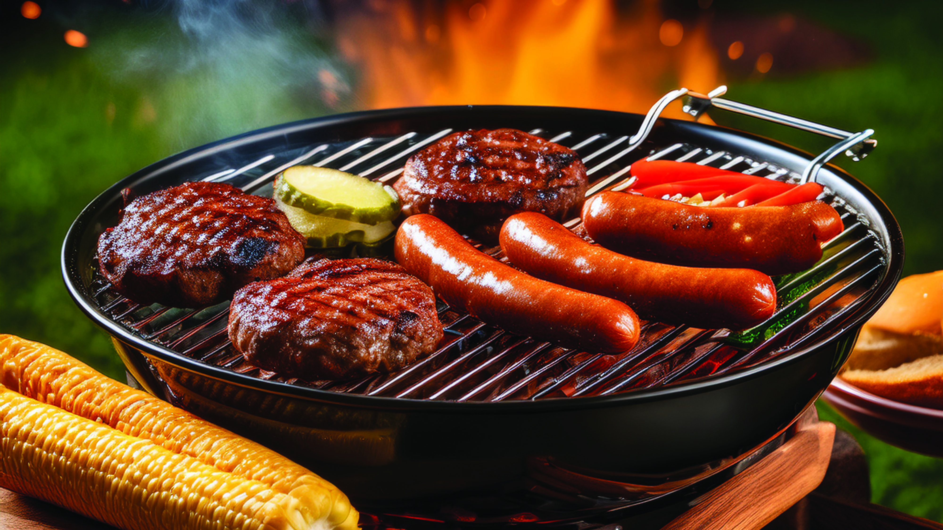 burgers and hotdogs on the grill
