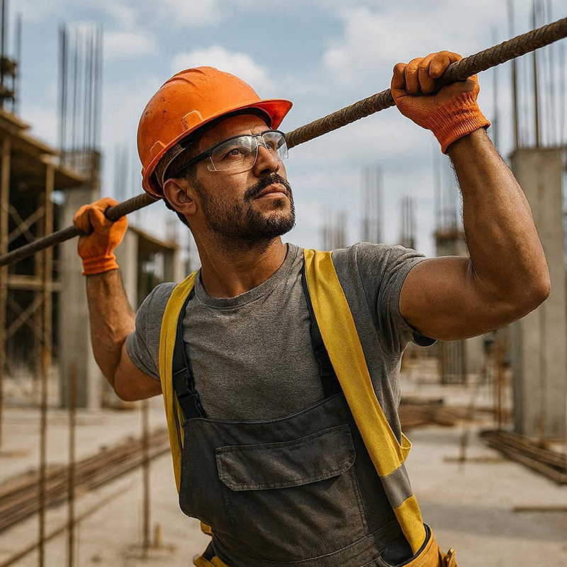 Construction working in hard hat holding a metal bar over his head